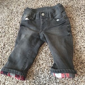 Grey Gap Jeans, red plaid lining, 6-12 months